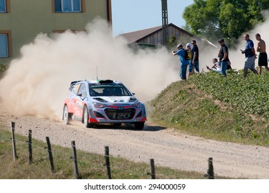 MIKOLAJKI, POLAND - JUL 3: Kris Meeke And His Codriver Paul Nagle In A Citroen DS3 WRC Race In The 72nd Rally Poland, On July 3, 2015 In Mikolajki, Poland.