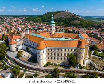 Mikulov. Aerial View of Old Town Castle and Powder Tower in Mikulov, Czech Republic, Europe. 