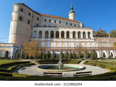 Mikulov Castle and fountain, one of the most important castles in South Moravia, view from Mikulov town, Czech Republic