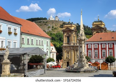 Mikulov Old town's central square and the Holy Hill (Svaty Kopecek), Moravia, Czech Republic