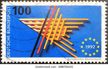 Milan, 24 November 2021: European Single Market Postage Stamp Printed In Germany In 1992 Showing Star In German Colors.