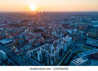 Milan Aerial View. Skyline At Sunrise.