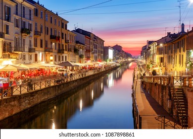 Milan. Canal Naviglio Grande At Sunset.