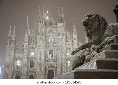 Milan Cathedral And Monument Night, In Winter With Snow