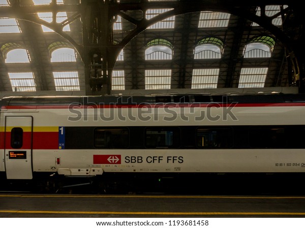 Milan Central Station - March 31: The Swiss train\
SBB CFF FFS at Milan central station on March 31, 2018 in Milan,\
Italy. The Milan railway station is the largest train station in\
Europe by Volume