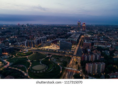 Milan Cityscape, Aerial View At Night