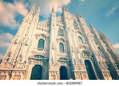 Milan Duomo, Italy. Famous Landmark - The Cathedral Made Of Candoglia Marble. Filtered Vintage Color Style.