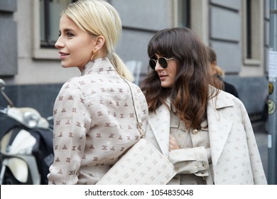 MILAN - FEBRUARY 22: Caroline Daur and Eleonora Carisi with Max Mara outfit before Max Mara fashion show, Milan Fashion Week street style on February 22, 2018 in Milan.