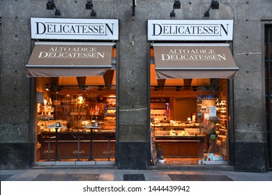 Milan, Ital – July 6, 2019: Delicatessen store in the centre of Milan at Santa Maria Beltrade square is a rediscovery of tradition and presentation of the typical pastry products
