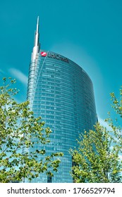 Milan, Italy, 06.29.2020: The UniCredit Tower At Gae Aulenti Square Is The Headquarters Of UniCredit One Of The Largest Banks In Italy Designed By Architect César Pelli