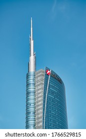 Milan, Italy, 06.29.2020: The UniCredit Tower At Gae Aulenti Square Is The Headquarters Of UniCredit One Of The Largest Banks In Italy Designed By Architect César Pelli