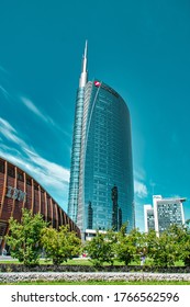 Milan, Italy, 06.29.2020: The UniCredit Tower At Gae Aulenti Square Is The Headquarters Of UniCredit One Of The Largest Banks In Italy Designed By Architect César Pelli