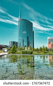 Milan, Italy, 06.29.2020: The UniCredit Tower At Gae Aulenti Square Is The Headquarters Of UniCredit One Of The Largest Banks In Italy Designed By Architect César Pelli