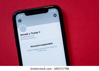 Milan, Italy - 13 January 2021: Donald J. Trump Twitter account on a smartphone. The President's account was permanently suspended on Twitter due to the risk of further incitement of violence.