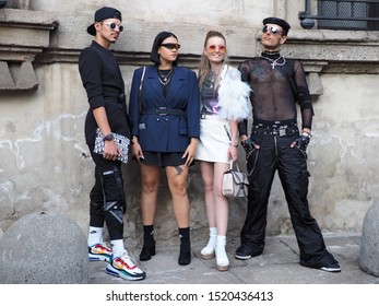 MILAN, Italy: 19 September 2019: Fashion bloggers street style outfits before Bottega Veneta fashion show during Milan fashion week Spring/Summer 2019/2020