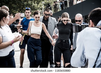 Milan, Italy. 19th Sep, 2018. Gigi And Bella Hadid Arrive At Alberta Ferretti Fashion Show For The Milan Fashion Week In Milan, Italy.