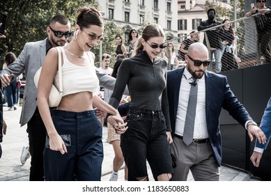 Milan, Italy. 19th Sep, 2018. Gigi And Bella Hadid Arrive At Alberta Ferretti Fashion Show For The Milan Fashion Week In Milan, Italy.