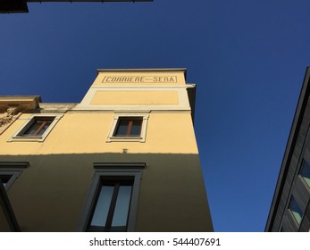 Milan, Italy, 20/05/2016: View Of The Old Sign Of The Italian Newspaper Corriere Della Sera, Founded In 1876, Seen From The Courtyard Of The Newsroom