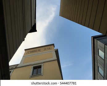 Milan, Italy, 20/05/2016: View Of The Old Sign Of The Italian Newspaper Corriere Della Sera, Founded In 1876, Seen From The Courtyard Of The Newsroom