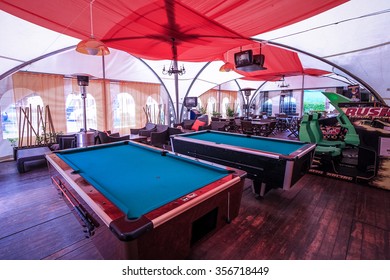 Milan, Italy 5 Jun 2015 : A Self Pay Billiard Pool Inside A Caravan Clubhouse On Jun 5. 