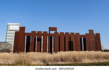 Milan, Italy, 5-12-2021: The Outdoor Garden Of Pirelli Hangar Bicocca, An Exhibition Space Dedicated To Modern And Contemporary Art, With The Sculpture La Sequenza (The Sequence) By Fausto Melotti 