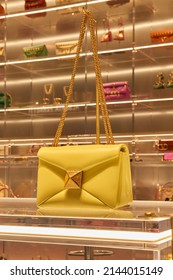 Milan, Italy 7 Of April 2022, Via Montenapoleone Showcase Of Valentino Accessories Bags And Shoes From The New Collection