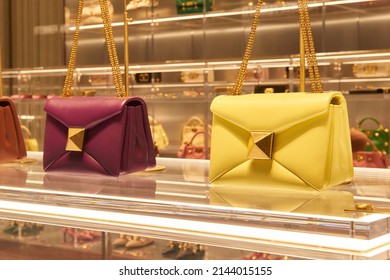 Milan, Italy 7 Of April 2022, Via Montenapoleone Showcase Of Valentino Accessories Bags And Shoes From The New Collection