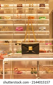 Milan, Italy 7 Of April 2022, Via Montenapoleone Showcase Of Valentino Accessories Bags And Shoes From The New Collection