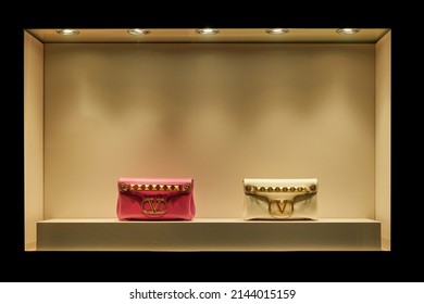 Milan, Italy 7 Of April 2022, Via Montenapoleone Showcase Of Valentino Accessories Bags And Shoes From The New Collection