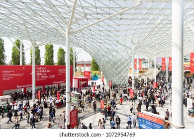 MILAN, ITALY - APR 19, 2018: People at the entrance of Salone del Mobile 2018, the greatest international furniture and accessories exhibition.