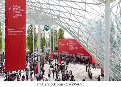 MILAN, ITALY - APR 19, 2018: People at the entrance of Salone del Mobile 2018, the greatest international furniture and accessories exhibition.