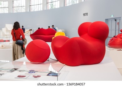 MILAN, ITALY - APRIL 12: People visit Italian Design Museum at Fuorisalone, set of events distributed in different areas of the town during Milan Design Week on APRIL 12, 2019 in Milan.