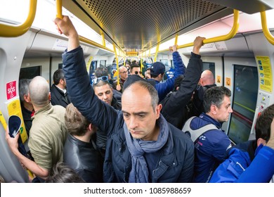 MILAN, ITALY - APRIL 15: Crowded Train In Milan Metro On April 15, 2018 In Milan