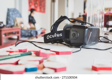 MILAN, ITALY - APRIL 18: Oculus headset on display at Fuorisalone, series of important and interesting events all around the town during Milan Design Week on APRIL 18, 2015 in Milan.