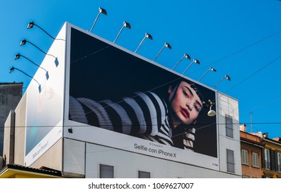 Milan, Italy - April 1st, 2018: A giant "iPhone X" billboard 