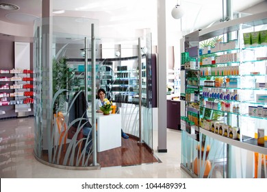 Milan, Italy - April 2015: Innovative Pharmacy Interior