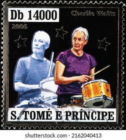 Milan, Italy - April 21, 2022: Charlie Watts Portraits On Postage Stamp