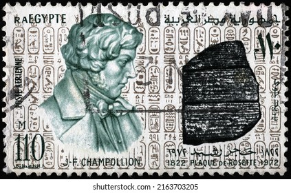 Milan, Italy - April 21, 2022: Jean-François Champollion On Old Egyptian Postage Stamp