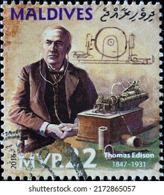 Milan, Italy - April 21, 2022: Thomas Edison Portrait On Stamp Of Maldives