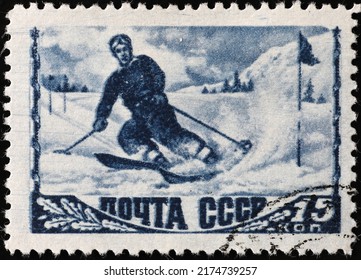 Milan, Italy - April 21, 2022: Vintage Skier On Old Russian Postage Stamp