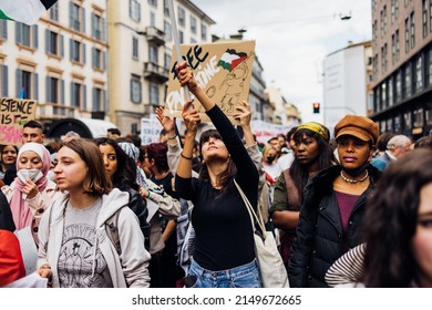 MILAN, ITALY - APRIL 25 2022: People Took The Streets In Milan To Celebrate The Anniversary Of The Liberation Of Italy From Nazism And Fascism And Claiming For Peace