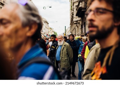 MILAN, ITALY - APRIL 25 2022: People Took The Streets In Milan To Celebrate The Anniversary Of The Liberation Of Italy From Nazism And Fascism And Claiming For Peace