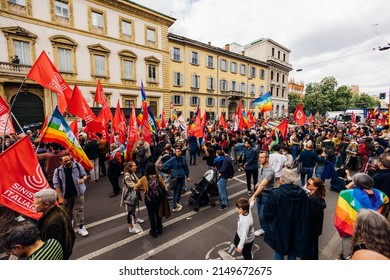 MILAN, ITALY - APRIL 25 2022: People Took The Streets In Milan To Celebrate The Anniversary Of The Liberation Of Italy From Nazism And Fascism And Claiming For Peace