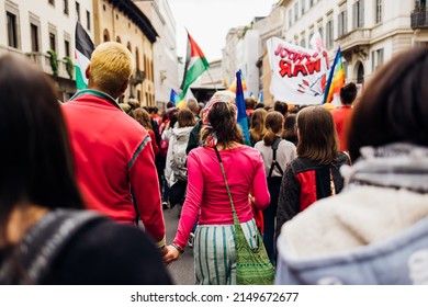 MILAN, ITALY - APRIL 25 2022: People Took The Streets In Milan To Celebrate The Anniversary Of The Liberation Of Italy From Nazism And Fascism And Claiming For Peace