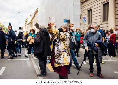 MILAN, ITALY - APRIL 25 2022: People Took The Streets In Milan To Celebrate The Anniversary Of The Liberation Of Italy From Nazism And Fascism And Claiming For Peace