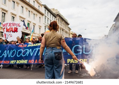 MILAN, ITALY - APRIL 25 2022: People Took The Streets In Milan To Celebrate The Anniversary Of The Liberation Of Italy From Nazism And Fascism And Claiming For Peace