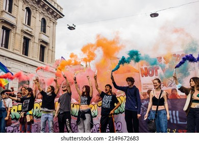 MILAN, ITALY - APRIL 25 2022: People Took The Streets In Milan To Celebrate The Anniversary Of The Liberation Of Italy From Nazism And Fascism And Claiming For Peace