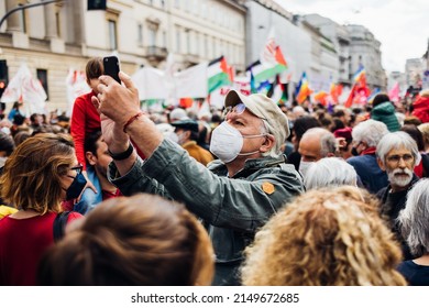 MILAN, ITALY - APRIL 25 2022: People Took The Streets In Milan To Celebrate The Anniversary Of The Liberation Of Italy From Nazism And Fascism And Claiming For Peace