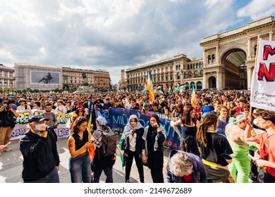 MILAN, ITALY - APRIL 25 2022: People Took The Streets In Milan To Celebrate The Anniversary Of The Liberation Of Italy From Nazism And Fascism And Claiming For Peace