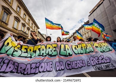 MILAN, ITALY - APRIL 25 2022: People Took The Streets In Milan To Celebrate The Anniversary Of The Liberation Of Italy From Nazism And Fascism And Claiming For Peace